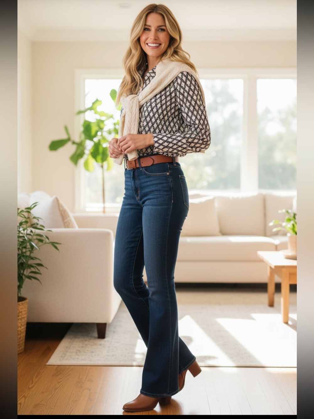crown & ivy Navy and White Geometric Button-Down Shirt retail $60